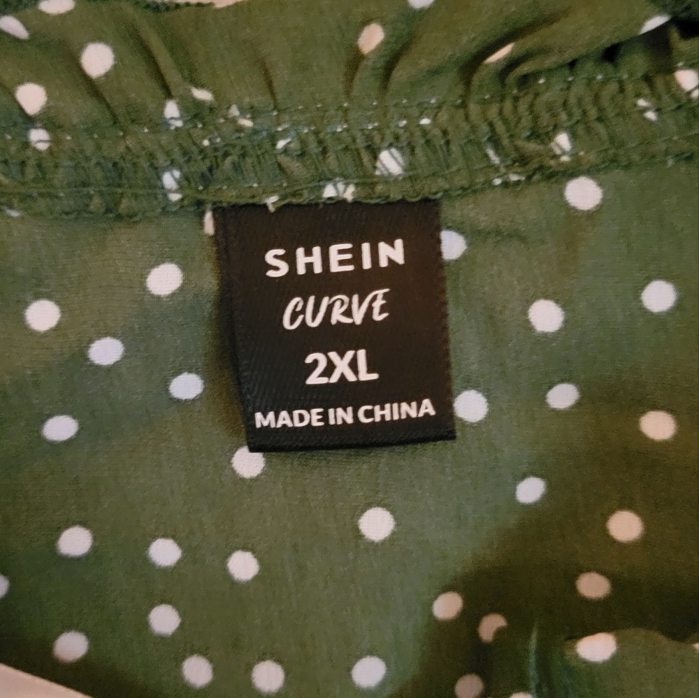 Shein Green w Polka Dot Top Tied Neckline Puff Sleeve 2XL - Picture 3 of 5